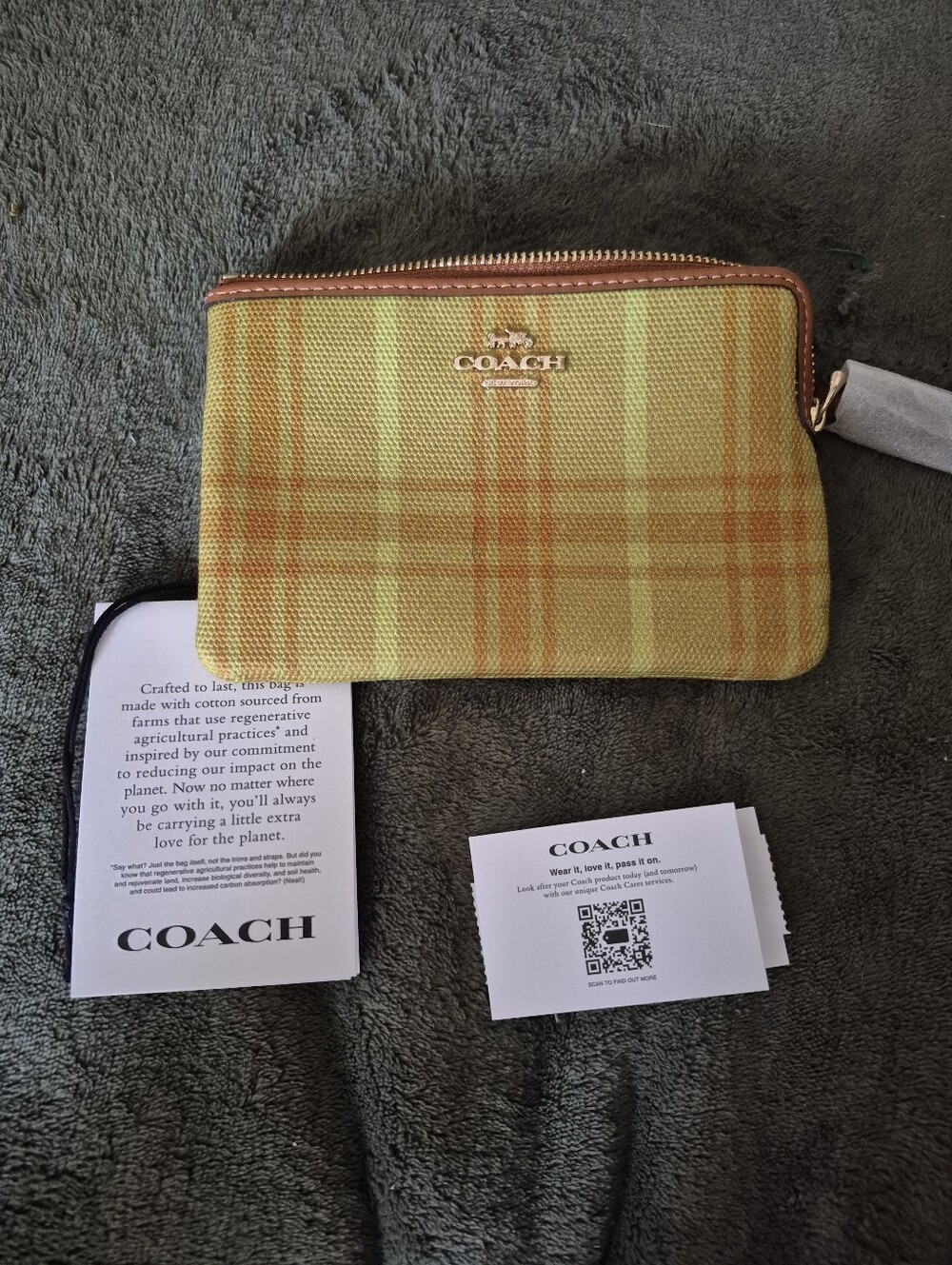 Coach Corner Zip Wristlet In Regenerative Cotton With Plaid Print [B5]